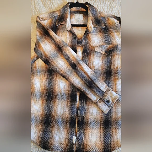 American Eagle - Orange/Black Plaid 100% Cotton Flannel Shirt - Picture 6 of 11